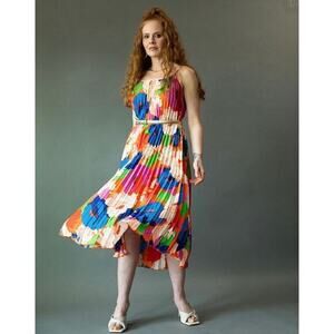 NWT Sam Edelman Retro Multicolor Floral Plisse‎ Midi Flowy Dress Belted Size L
